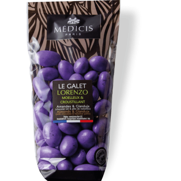 Dragées Lorenzo Lavande – sachet 250 g, enrobage élégant et satiné, cœur tendre au chocolat fondant