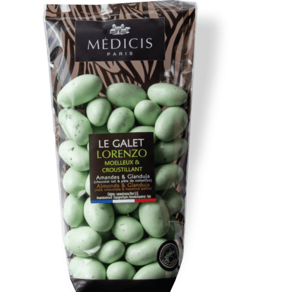 Dragées Lorenzo Vert Amande – sachet 250 g, enrobage élégant et satiné, cœur tendre au chocolat fondant