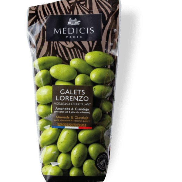 Dragées Lorenzo Vert Bambou – sachet 250 g, enrobage élégant et satiné, cœur tendre au chocolat fondant