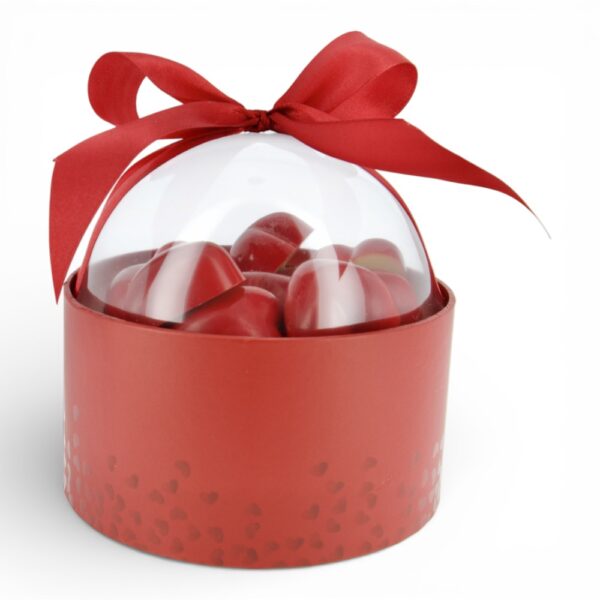 Bulle gourmande cœurs praliné – contenant cylindrique rouge avec couvercle transparent
