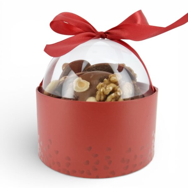 Bulle gourmande mendiants chocolat au lait – contenant cylindrique rouge avec couvercle transparent
