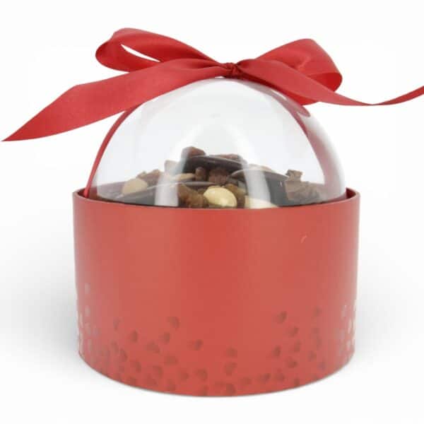 Bulle gourmande mendiants chocolat noir – contenant cylindrique rouge avec couvercle transparent