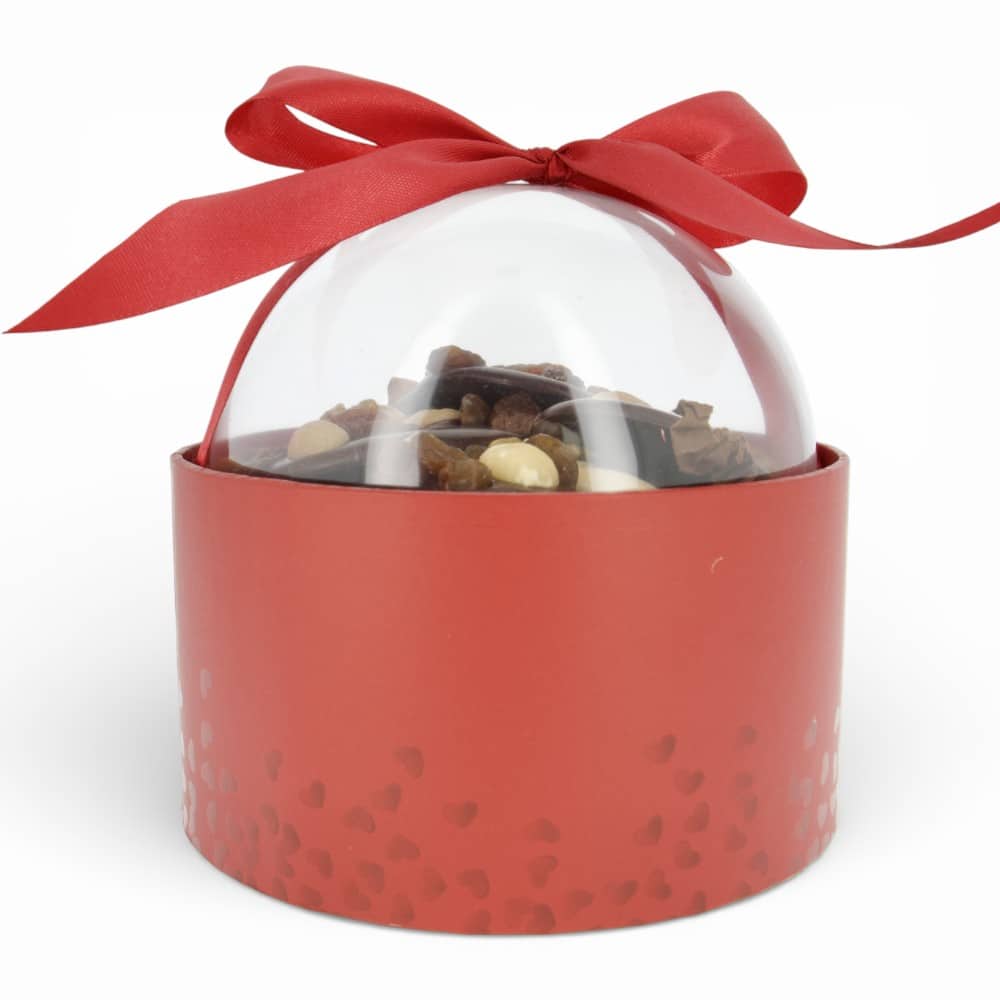 Bulle gourmande mendiants chocolat noir – contenant cylindrique rouge avec couvercle transparent