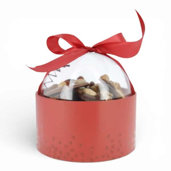 Bulle gourmande mendiants chocolats assortis – contenant cylindrique rouge avec couvercle transparent