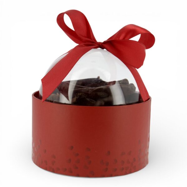 Bulle gourmande orangettes en chocolat – boîte cylindrique rouge avec couvercle transparent