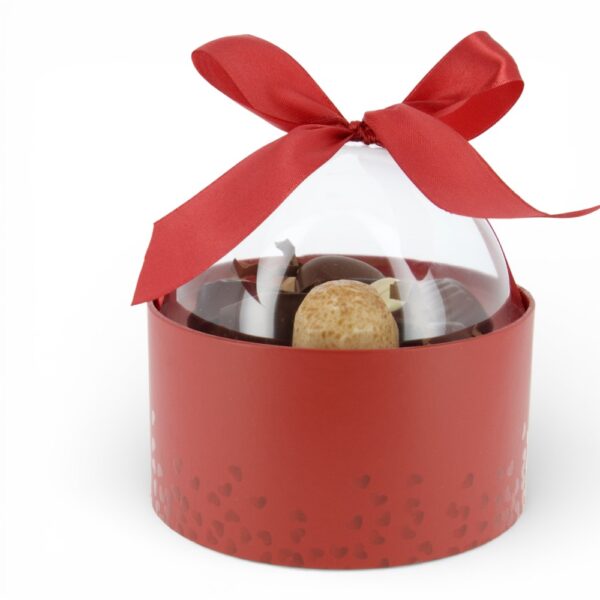Bulle gourmande chocolat sans sucre – contenant cylindrique rouge avec couvercle transparent