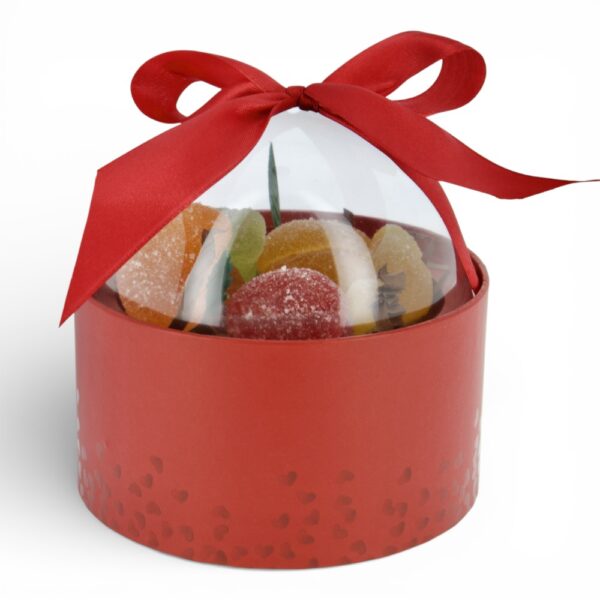 Bulle gourmande pâtes de fruits – boîte cylindrique rouge avec couvercle transparent
