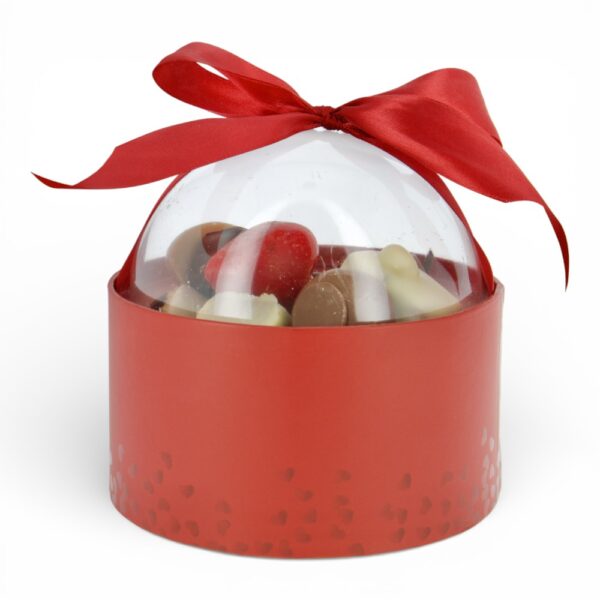 Bulle gourmande chocolats assortis – contenant cylindrique rouge avec couvercle transparent
