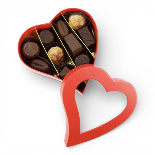 Cœur rouge ouvert contenant 10 chocolats sans sucre ajouté
