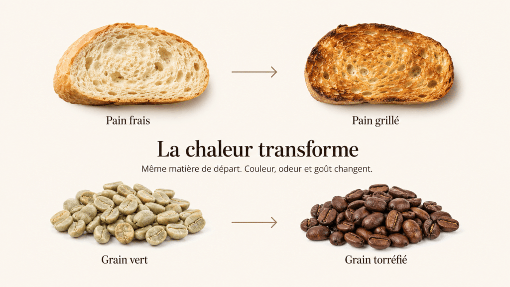 Illustration qui compare la récation de maillard du café avec le pain grillé