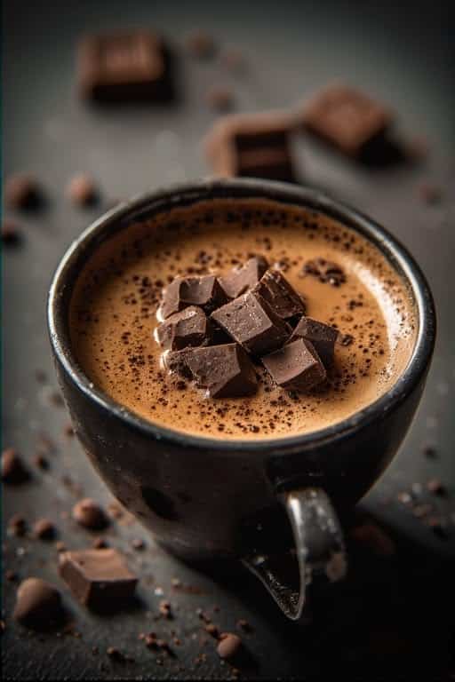 Tasse de café avec morceau de chocolat qui fond dans la tasse