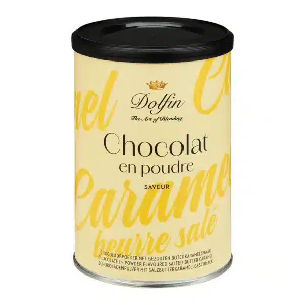 Boîte jaune de chocolat en poudre Dolfin caramel au beurre salé, vue de face avec couvercle noir sur fond blanc