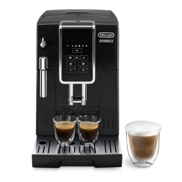 DeLonghi Dinamica FEB 3515.B noire de face, avec deux expressos et un verre de lait en présentation.