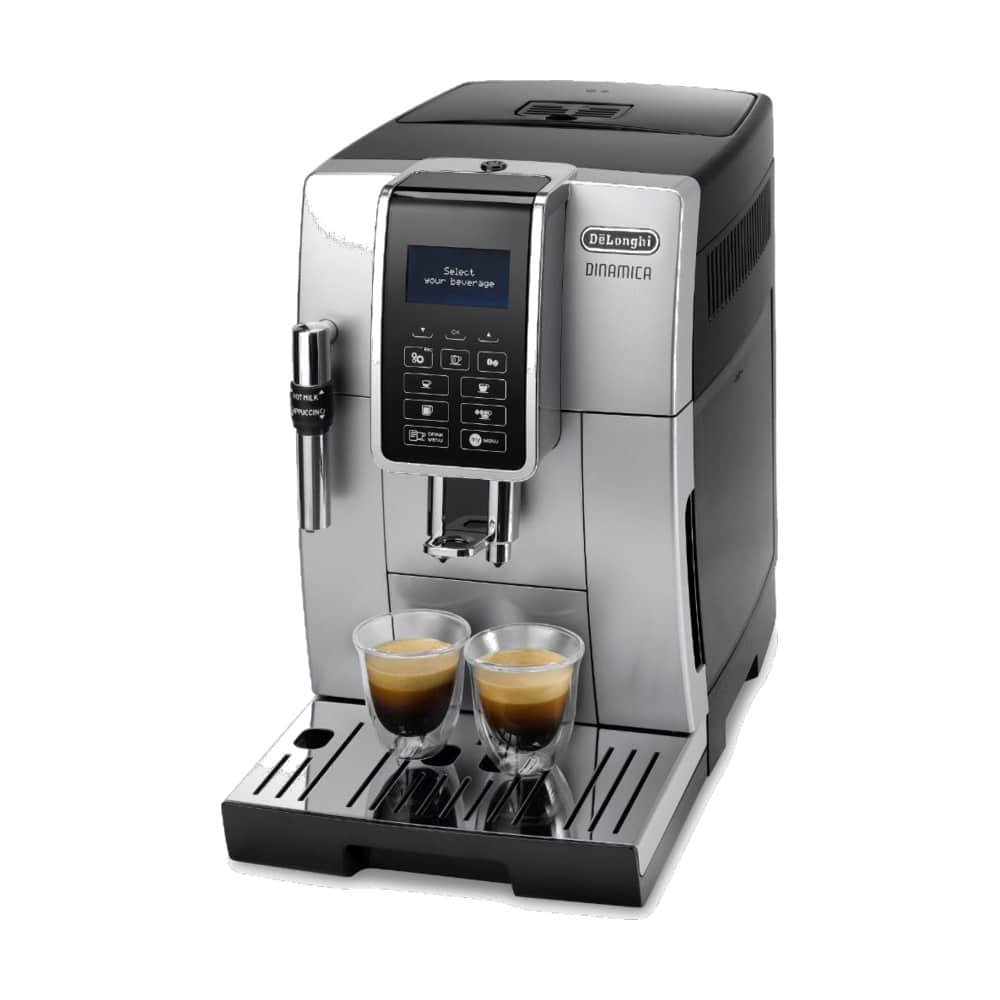 DeLonghi Dinamica FEB3535.SB argent et noir vue de trois quarts avec deux expressos de présentation.